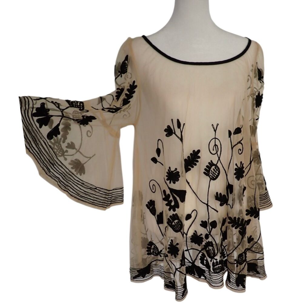 F Bianco Blouse L Sheer Embroidered Tunic Bell Sleeve Back Zip Boho Whimsy Goth